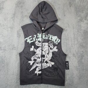 Ed Hardy Y2K Hoodie Mens M Charcoal Sleeveless Full Zip Skull Death Tattoo NWT
